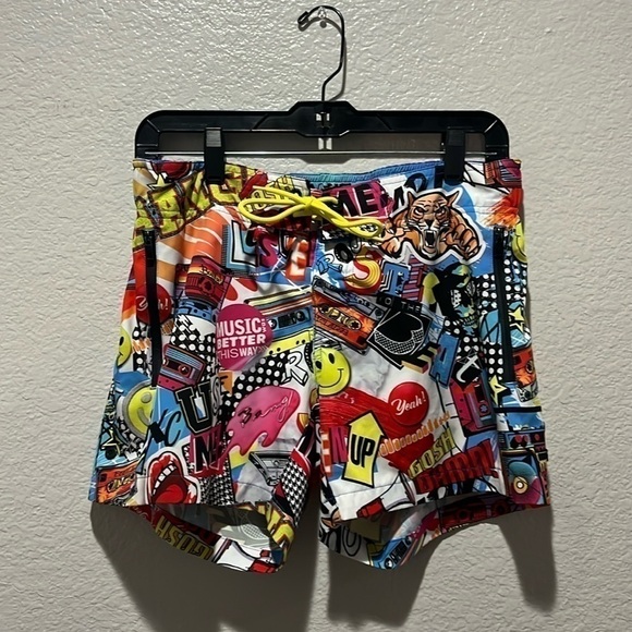Bang Men SUPER POP RESORT SHORTS Retro 90’s Y2K Zip Pockets Size Medium Beachy - Picture 1 of 13